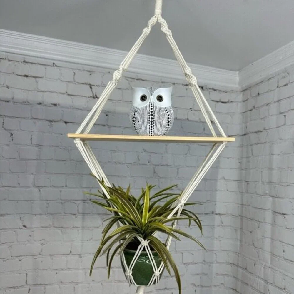 Lot of 2 Macrame Hanging‎ Shelves with Plant Hanger Cream Boho Wood Wall Decor